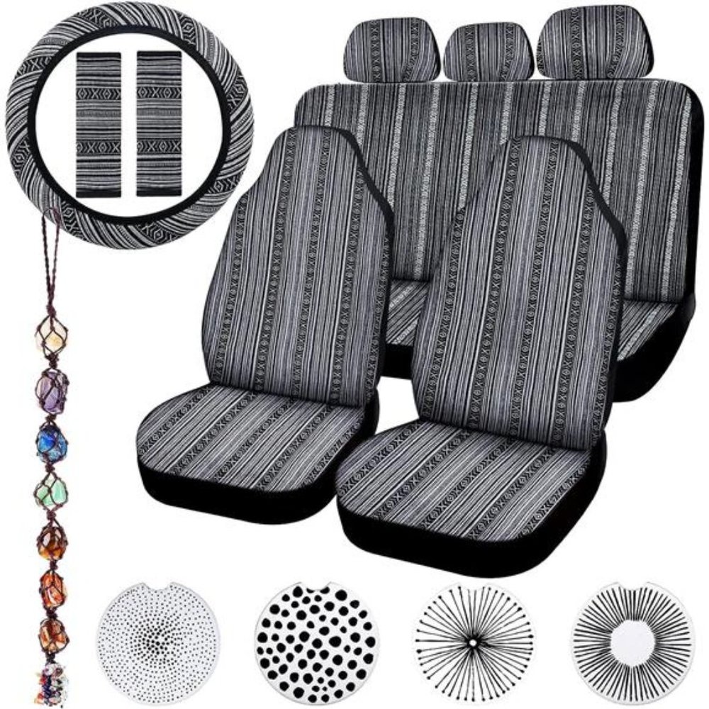 14 Pcs Baja Car Seat Covers Full Set Multicolor Stripe Boho Print Steering Wheel
